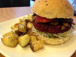 Pesto mushroom burger with adzuki bean patty. I mean just look at those sad dry home cut fries. Needs more flavor and sauce.  at Ooh Cha Cha - Zhongzheng District in Taipei