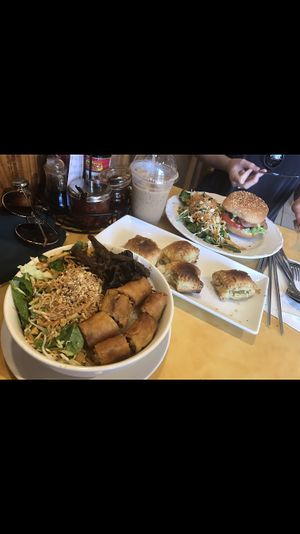 teriyaki spring roll, veggie burger and spinach/cheese stuffed bread at Quan Long Hoa in Westminster
