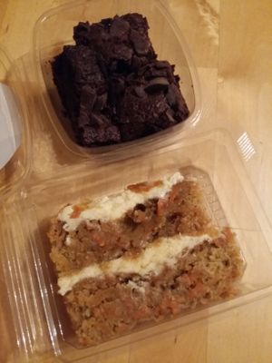 Loved the dark choc brownies and carrot cake, bought before attending Richmond Vegan's monthly Meetup; so got a bit squashed in my bag! at The Cheeky Pea in Kingston Upon Thames