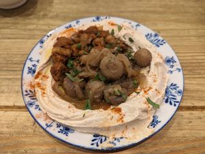 V. Chicken and mushrooms on hummus 😍 at The Cheeky Pea in Kingston Upon Thames