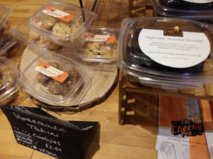 All the homemade cakes are now vegan (using soya milk) - tahini cookies, and choc brownies at The Cheeky Pea in Kingston Upon Thames