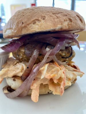 Sweet potato white bean burger   at Spring Cafe in Aspen