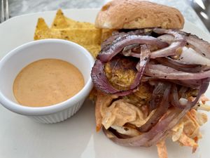 Sweet potato white bean burger   at Spring Cafe in Aspen