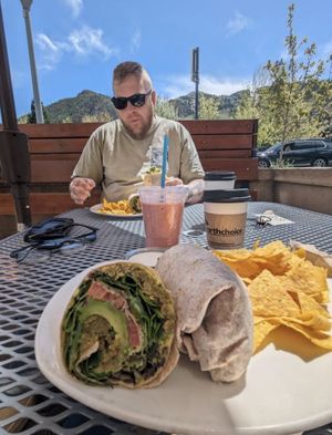 Falafel wrap, latte, and pretty in pink smoothie at Spring Cafe in Aspen