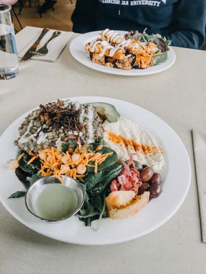 Mjadra plate and Tawook chicken plate at Nuba Cafe - Yaletown in Vancouver