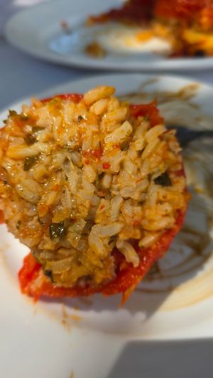 Stuffed tomatoes at Platanos Tavern in Skopelos