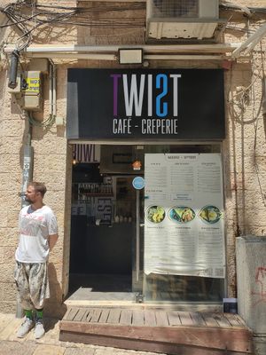 Twist is located on the corner of Ben Yehuda and HaHistadrut streets at Twist Cafe & Creperie in Jerusalem District