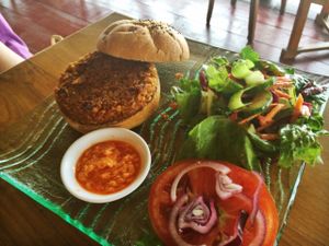 veggie burger (vegan) at Leaf Eaters Cafe in Bocas Del Toro