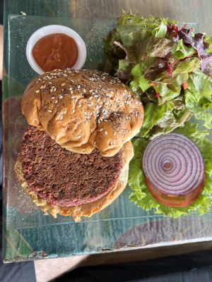 Yummy burger  at Leaf Eaters Cafe in Bocas Del Toro