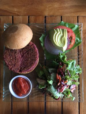 veggie burger at Leaf Eaters Cafe in Bocas Del Toro