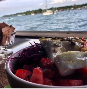 Hippie Bowl - brown rice, kale, carrots, tomato, beets and lemon tahini sauce. at Leaf Eaters Cafe in Bocas Del Toro