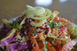 Thai Crunch Salad! full of crunchy veggies and a peanut thai dressing  at Leaf Eaters Cafe in Bocas Del Toro