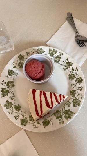 cheesecake with strawberry sorbet  at Chat-Rivari Café in Paris