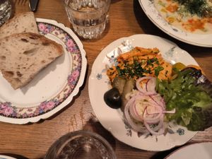 Vegan spread with bread at Marumba in Budapest