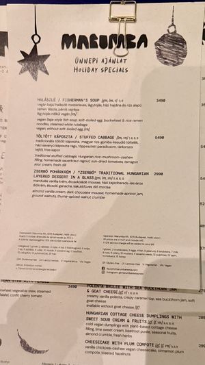 Menu  at Marumba in Budapest