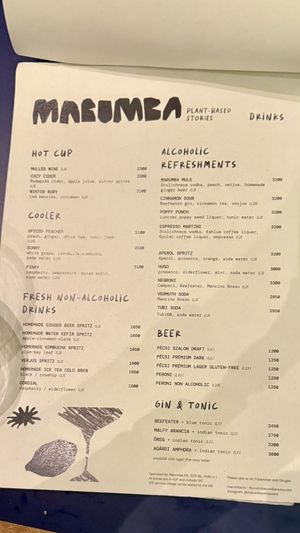 Menu  at Marumba in Budapest