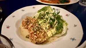 Fried mushrooms with lettuce and hummus  at Marumba in Budapest