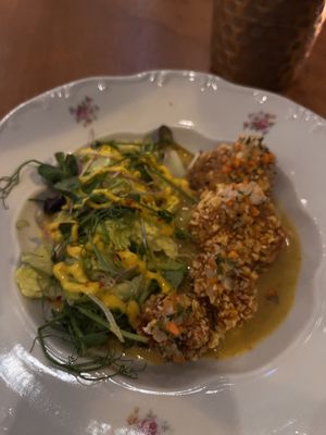 Split pea soup with fried oyster mushroomms  at Marumba in Budapest
