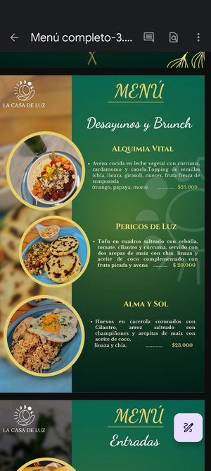 Menu at La Casa de Luz in Cali