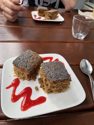 Cardemom cake with raspberry sauce  at L'Acoustic in Selestat