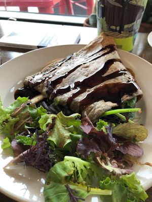 Beets included with a hot ginger chai with oat milk   at Starving Artist Creperie and Cafe in Lee