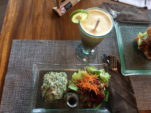 almond bread with spinach hollandaise and ginger float (looks tiny but is sooper-rich!) at Divine Earth in Seminyak