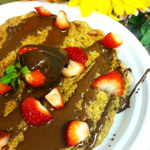 Saturday Special Pancakes for Valentines Day. Chocolate Covered Strawberry. Whole grain pancakes using Iss' Magic Mixes & grilled to perfection at Iss' Magic Mixes Oatmeal Cafe in Mesa