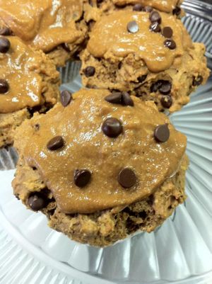Amazing vegan peanut butter chocolate chip muffins with peanut butter frosting and vegan chocolate chips! at Iss' Magic Mixes Oatmeal Cafe in Mesa