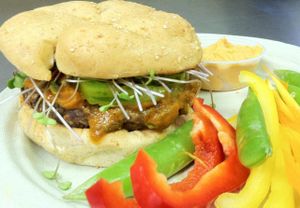 All vegan burgers made with Iss' Magic Mixes Oatmeals. This is the Vindy Jewels, a lentil burger with massal, black mission figs, pistachios and her Magic Mix. Topped with hummus & vindaloo sauce and micro greens on a sprouted bun at Iss' Magic Mixes Oatmeal Cafe in Mesa