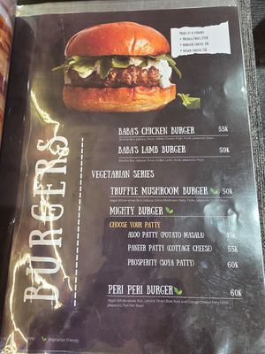 Burgers menu at Baba Ali's Diner in Jakarta Utara