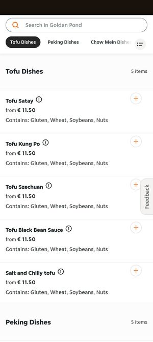 Tofu section of menu with allergens at Golden Pond Chinese Takeaway in Castlebar
