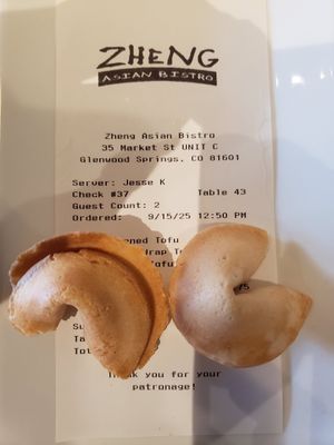 Our server was careful to tell us that the fortune cookies are vegan at Zheng Asian Bistro in Glenwood Springs