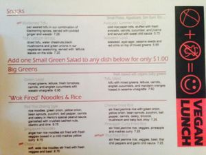 Vegan lunch menu 1 at Zheng Asian Bistro in Glenwood Springs