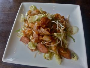 Flat noodles with 'chicken' flavor tofu. at Simple Veggie Cuisine in Rego Park