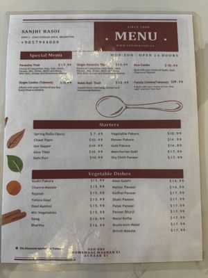 Menu  at Sanjhi Rasoi in Brampton