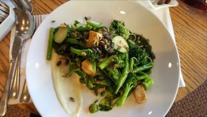 Greens and tofu with lemon aioli at Anastasia in Tel Aviv