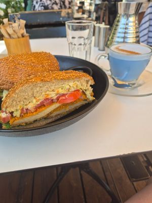 Schnitzel sandwich and blue milk at Anastasia in Tel Aviv