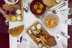 Omelette, different spreads, Shakshuka with polenta, porridge, vegan cheese platter - all delicious!  at Anastasia in Tel Aviv