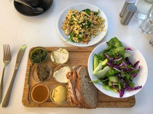 My favorite place for Israeli breakfast because you get so many yummy vegan spreads, the salad is excellent and most importantly, the scrambled tofu truly has an eggy taste to me. at Anastasia in Tel Aviv