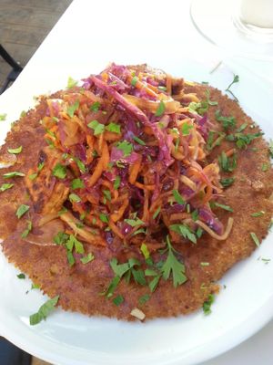 Macadamia-rice pancake with vegetables at Anastasia in Tel Aviv