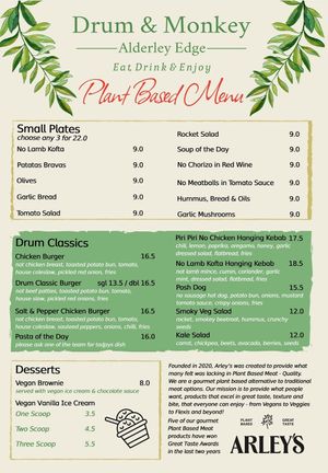 Menu at the Drum & Monkey, Alderley Edge in England