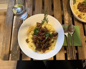 Daily special (vegan goulash with noodles) and homemade lavender lemonade   at Im Grünen Eck in Kaiserslautern