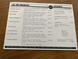Food menu  at BIG Sister in London