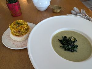 Soup with scrambled tofu toast at BIG Sister in London