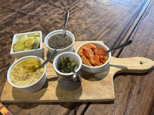 Hummus, babaganoush, mixed vegetables  at Agriturismo Cascina Valentino in Lombardia