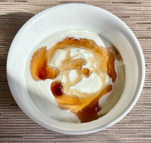 Soya yoghurt with maple syrup  at Manava in Dubai