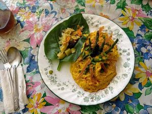 Rice noodles with asparagus, coconut bacon, fermented vegetables, raw/vegan cheeze at Pura Vida in Zihuatanejo