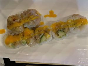 Oasis roll-mango, avocado, banana with a mango sauce  at Tsunami Sushi in Sarasota