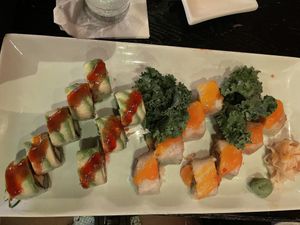 Mango, banana with orange sauce (oasis roll) and Gandhi roll ( avocado, asparagus, tofu, veggies with the red sauce) from vegan menu  at Tsunami Sushi in Sarasota