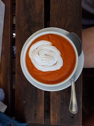 pumpkin and orange soup with coconut cream at Zielony Talerzyk in Lublin